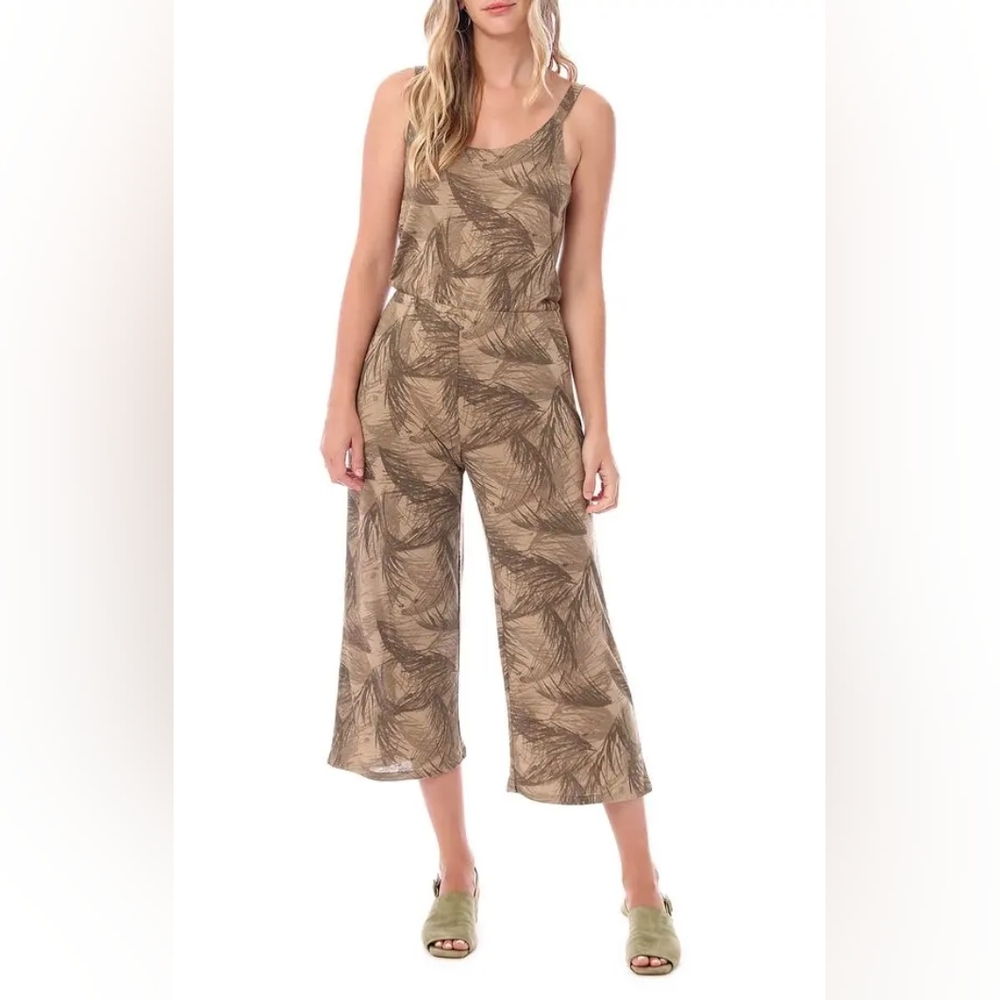 NEW! Alternative Apparel Scoop Neck Jersey Knit Jumpsuit Olive Watercolor Palm